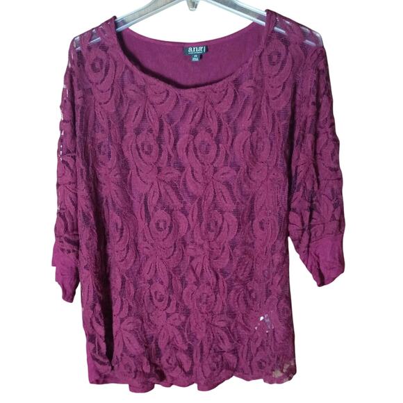 Ana Women 2x Burgundy Red Lace Stretch 3/4 Length Sleeve Holiday Blouse - Picture 1 of 5